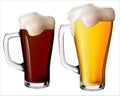 An isolated image of light and dark beer with foam in glass mugs. Royalty Free Stock Photo